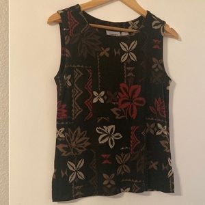 Chicos, Travelers size 1 top black with burgundy, brown and taupe floral print